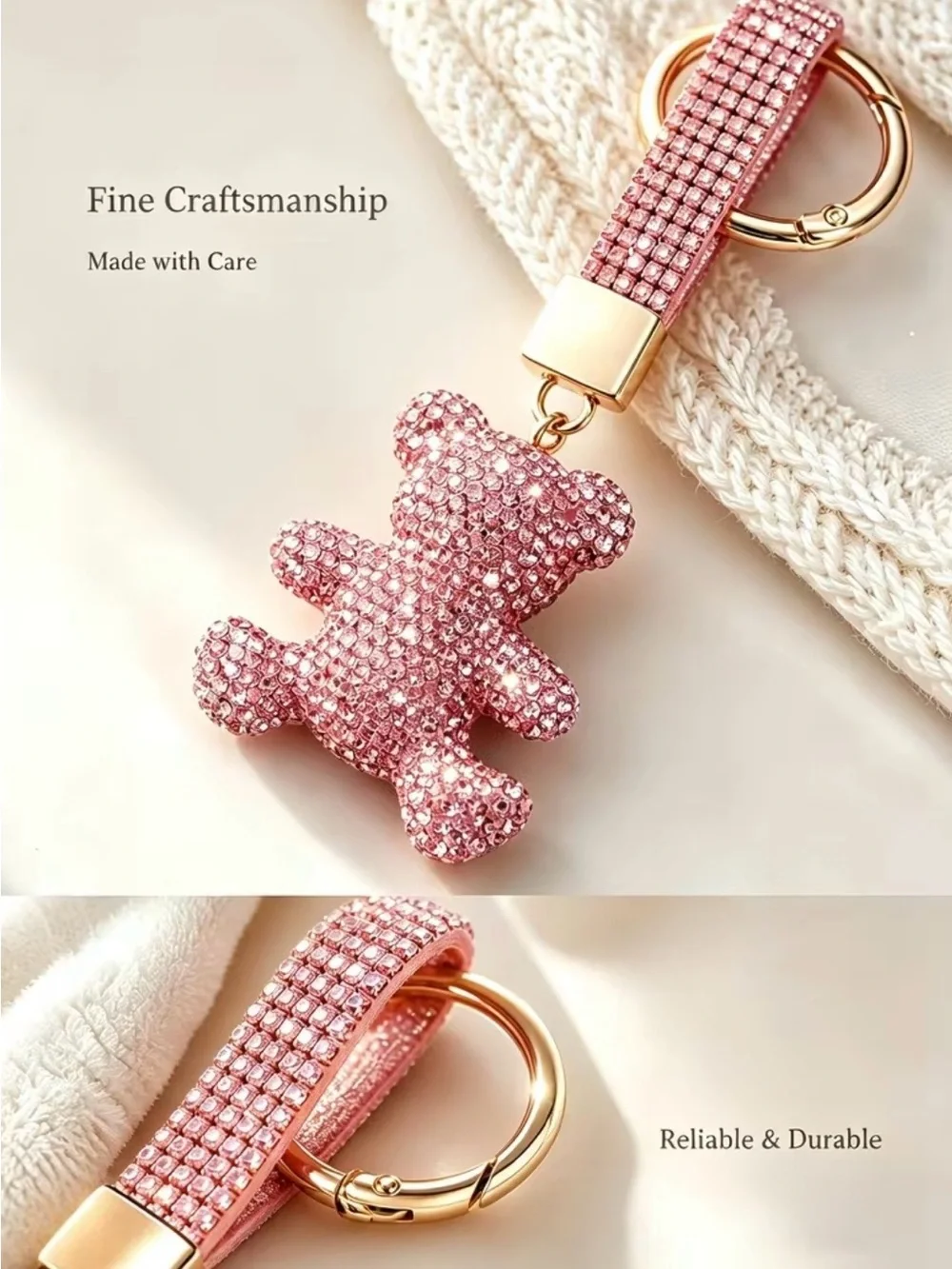 Pink Crystal Teddy Bear Keychain Charm for Women